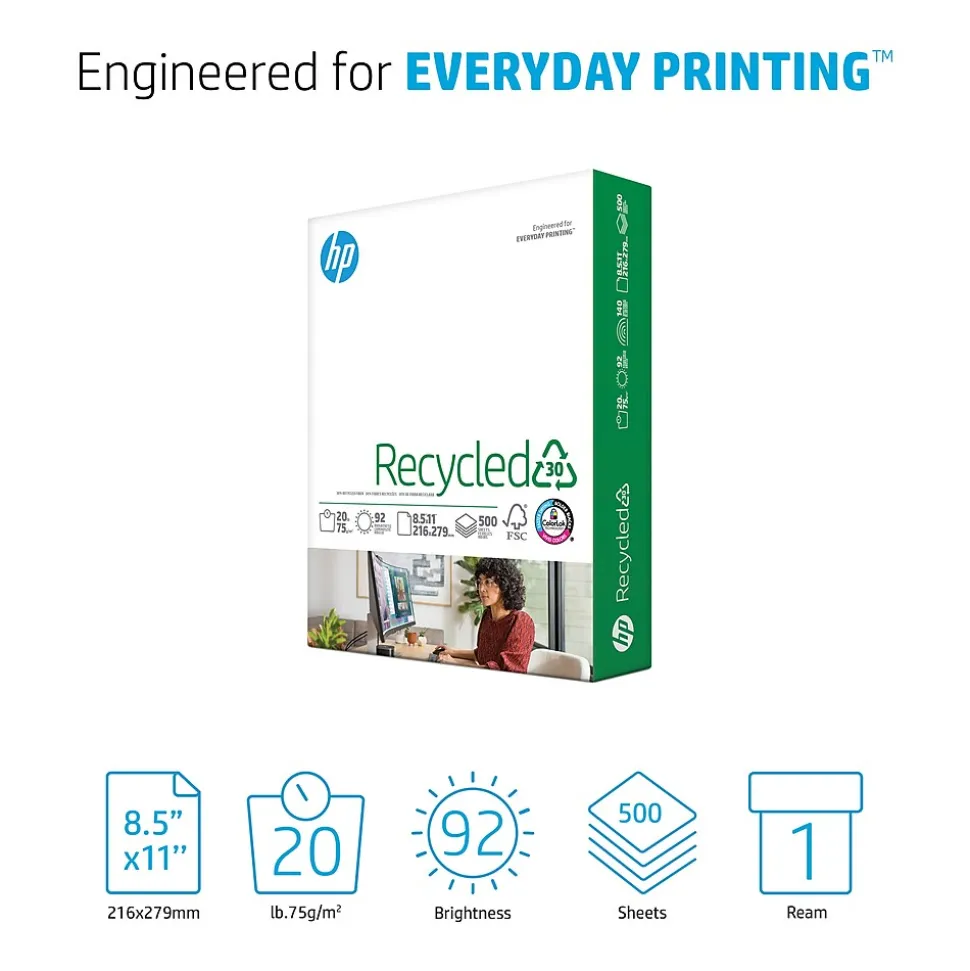 HP 30% Recycled 8.5" x 11" Multipurpose Paper, 20 lbs., 92 Brightness, 500 Sheets/Ream (HPE1120)