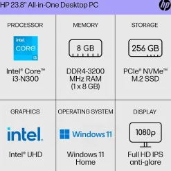 HP 24-cr0026 23.8" All-in-One Desktop Computer, Intel Core i3-N300, 8GB Memory, 256GB SSD (9W2H5AA#ABA)