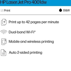 HP LaserJet Pro 4001dw Wireless Black & White Laser Printer, Single-Function, Print, Best for Office (2Z601F)