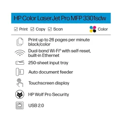 HP LaserJet Pro MFP 3301sdw Wireless All-in-One Color Laser Printer, Scanner, Copier, Best for Office (499Q3F)