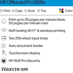 HP OfficeJet Pro 9135e Wireless Color Inkjet Printer, All-In-One, Print, Scan, Copy, Fax, 3 Months FREE INK with HP+ (404M0A)