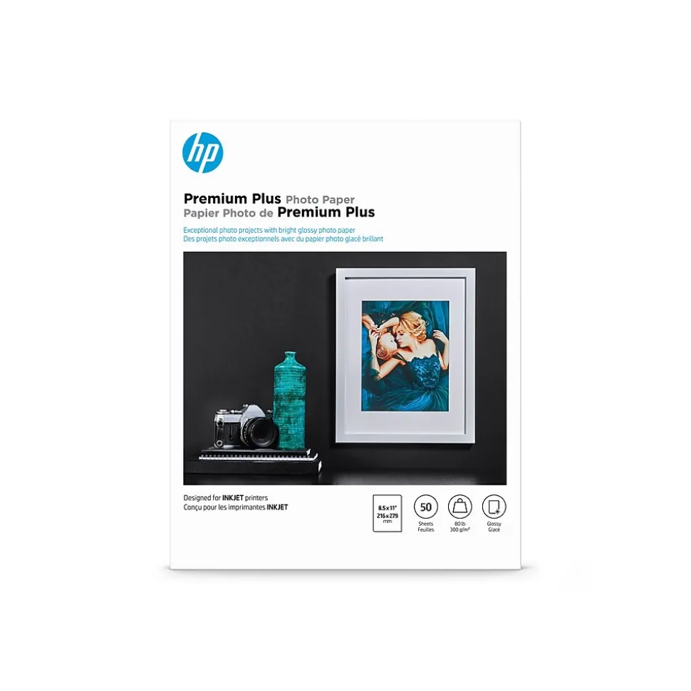 HP Premium Plus Glossy Photo Paper, 8.5" x 11", 50 Sheet/Pack (CR664A)
