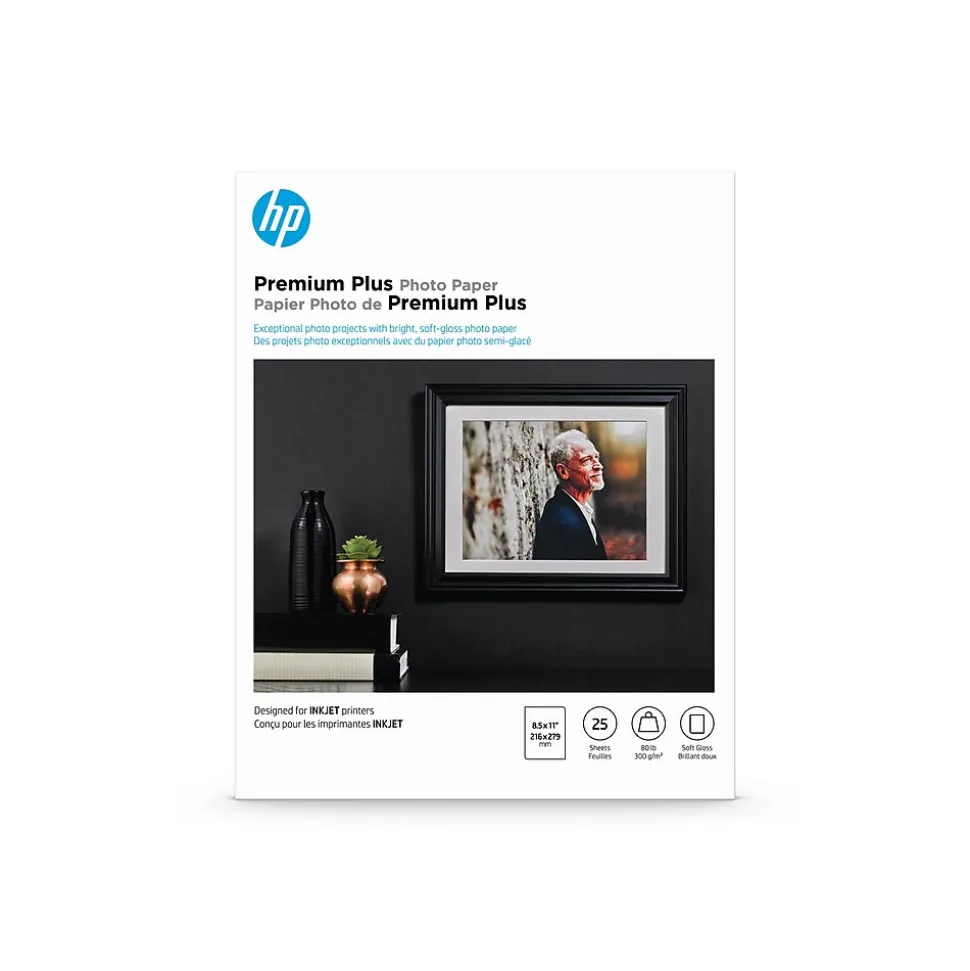 HP Premium Plus Photo Paper, Satin, 8.5" x 11", 25 Sheets/Pack (CR671A)