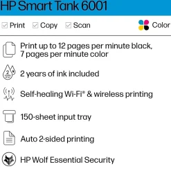 HP Smart Tank 6001 Wireless All-in-One Color Ink Tank Printer Scanner Copier, 2 years ink included (2H0B9A)