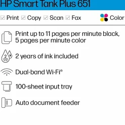 HP Smart Tank Plus 651 Wireless All-in-One Ink Tank Printer with up to 2 Years of Ink Included (7XV38A)