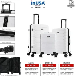 InUSA Trend 3-Piece Hardside Spinner Luggage Set, White (IUTRESML-WHI)