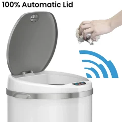 iTouchless Stainless Steel Round Sensor Trash Can with AbsorbX Odor Control System, White, 8 Gal. (MT08RW)