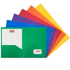 JAM Paper A4 Heavy Duty 2-Pocket Plastic Presentation Folders, Multicolored, Assorted Primary Colors, 6/Pack (383HASRTPRA4)
