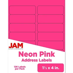 JAM Paper Address Labels, 1 1/3" x 4", Neon Pink, 14 Labels/Sheet, 9 Sheets/Pack (359329612)
