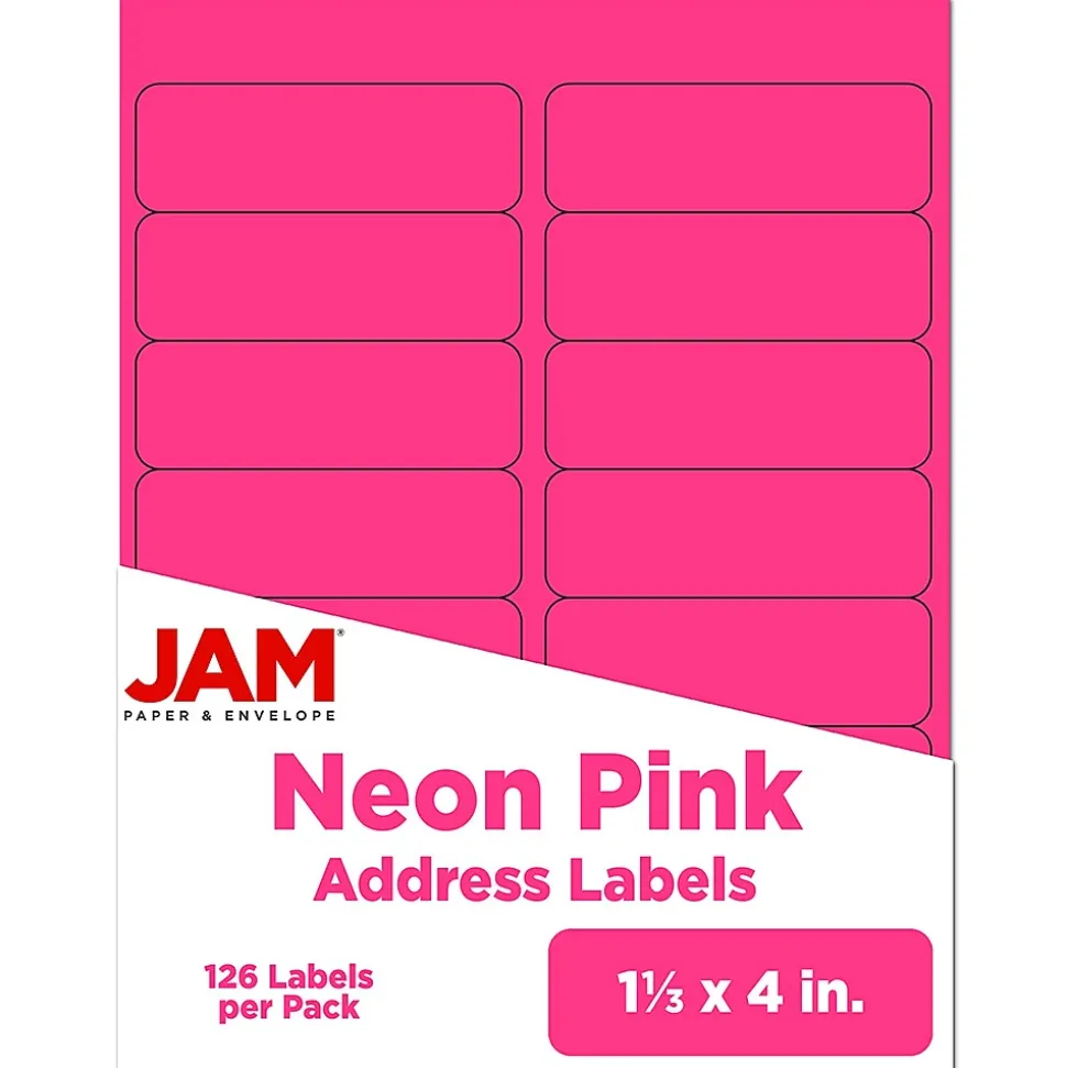 JAM Paper Address Labels, 1 1/3" x 4", Neon Pink, 14 Labels/Sheet, 9 Sheets/Pack (359329612)