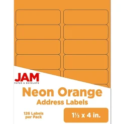 JAM Paper Address Labels, 1 1/3" x 4", Neon Orange, 14 Labels/Sheet, 9 Sheets/Pack (359329611)