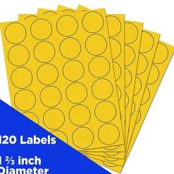 JAM Paper Circle Round Label Sticker Seals, 1 2/3 Inch Diameter, Yellow, 24 Labels/Sheet, 5 Sheets/Pack (147627067)