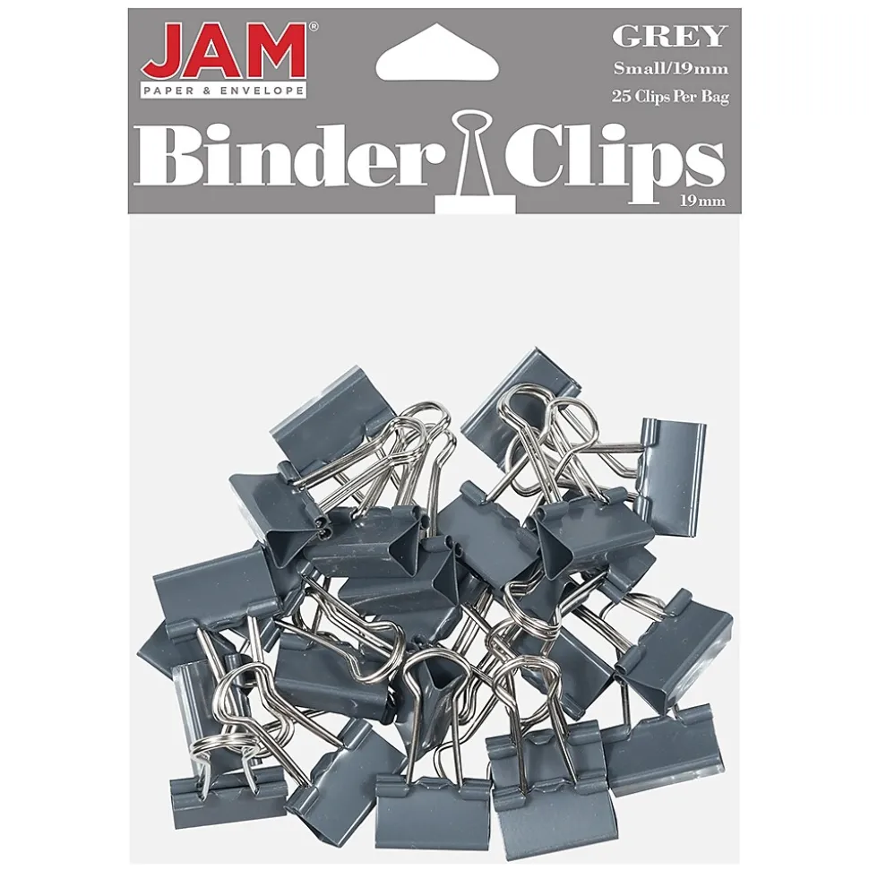 JAM Paper Colored Binder Clips, Small, 3/8" Capacity, Grey, 25/Pack (334BCGY)
