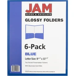 JAM Paper Glossy 2-Pocket Portfolio Folder, Blue, 6/Pack (385Gbua)