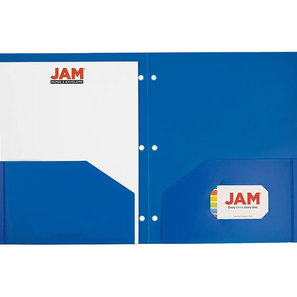 JAM Paper Heavy Duty 3 Hole Punch Two-Pocket Plastic Folders, Blue, 6/Pack (383HPBBUB)