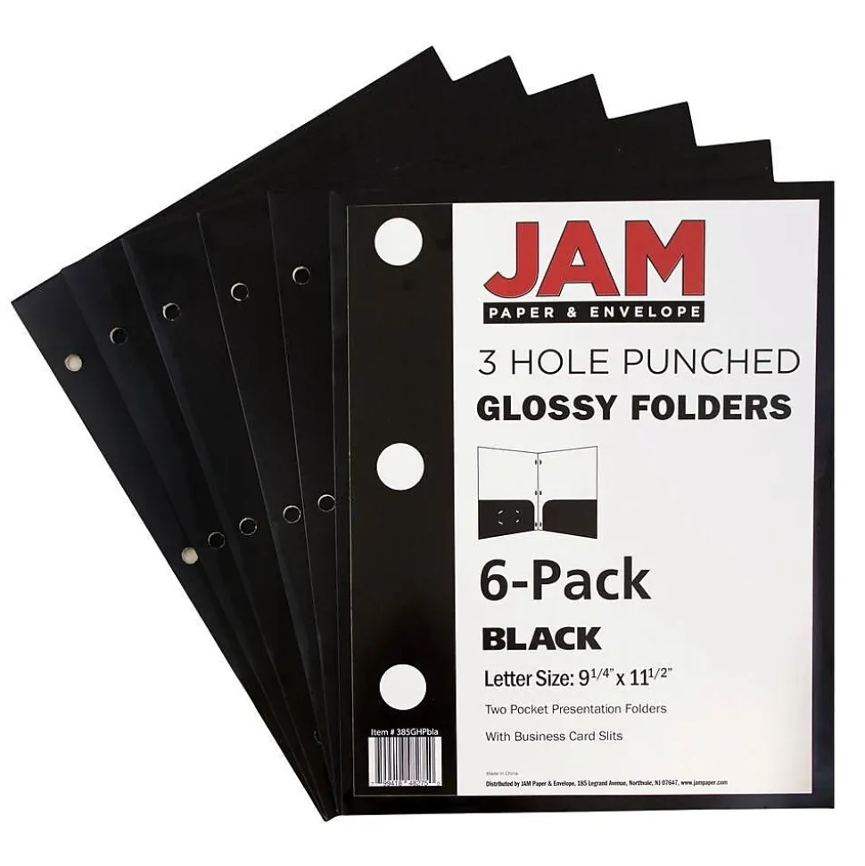 JAM Paper Laminated Glossy 3 Hole Punch Two-Pocket Folders, Black, 6/Pack (385GHPBLA)