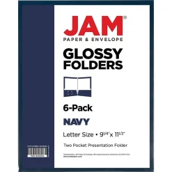 JAM Paper Laminated Two Glossy 2 Pocket Cardstock Presentation Folder, Navy Blue, 50/Box (5042523C)