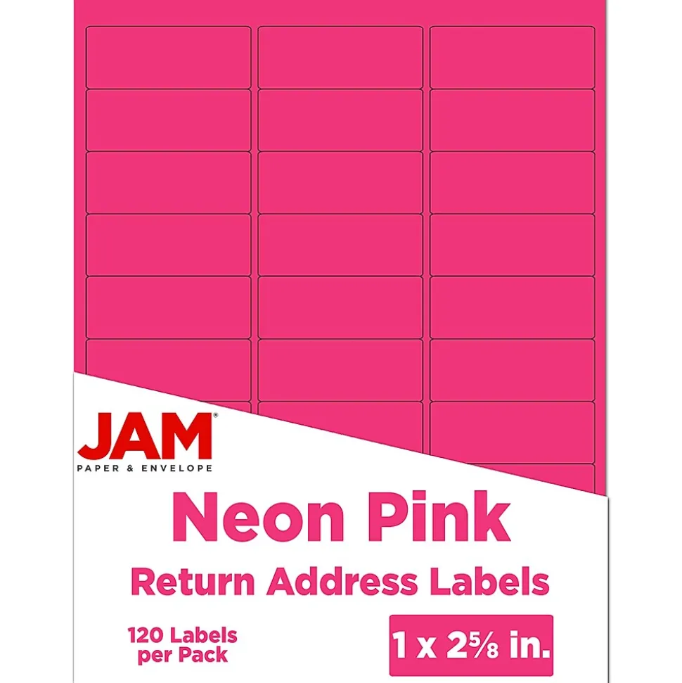 JAM Paper Laser/Inkjet Address Labels, 1 x 2 5/8, Neon Pink, 30 Labels/Sheet, 4 Sheets/Pack (354328011)