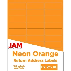 JAM Paper Laser/Inkjet Address Labels, 1" x 2 5/8", Neon Orange, 30 Labels/Sheet, 4 Sheets/Pack (35432814)