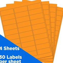 JAM Paper Laser/Inkjet Address Labels, 1" x 2 5/8", Neon Orange, 30 Labels/Sheet, 4 Sheets/Pack (35432814)