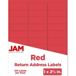 JAM Paper Laser/Inkjet Address Labels, 1" x 2 5/8", Red, 30 Labels/Sheet, 4 Sheets/Pack (4514939)