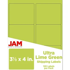JAM Paper Laser/Inkjet Address Label, 4" x 3 3/8", Ultra Lime Green, 6 Labels/Sheet, 12 Sheets/Pack (302725780)