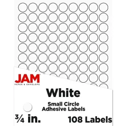 JAM Paper Laser/Inkjet Round Multipurpose Labels, 0.75" Dia, White, 108/Pack (3147612190)