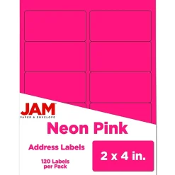 JAM Paper Laser/Inkjet Shipping Labels, 2" x 4", Neon Pink, 10 Labels/Sheet, 12 Sheets/Pack (354328023)
