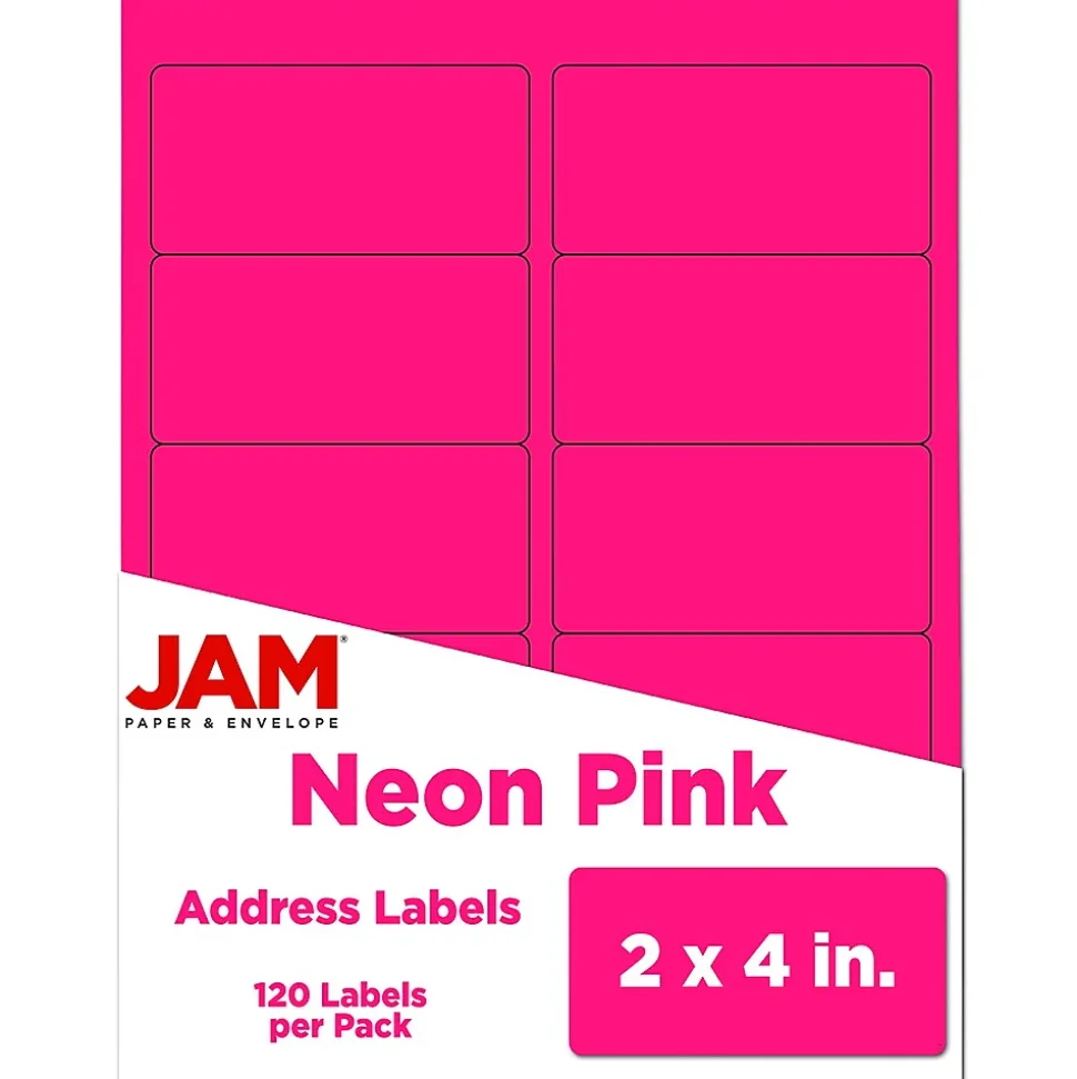 JAM Paper Laser/Inkjet Shipping Labels, 2" x 4", Neon Pink, 10 Labels/Sheet, 12 Sheets/Pack (354328023)