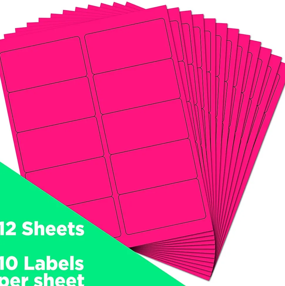JAM Paper Laser/Inkjet Shipping Labels, 2" x 4", Neon Pink, 10 Labels/Sheet, 12 Sheets/Pack (354328023)
