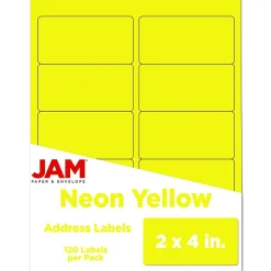 JAM Paper Laser/Inkjet Shipping Labels, 2" x 4", Neon Yellow, 10 Labels/Sheet, 12 Sheets/Pack (3543282)