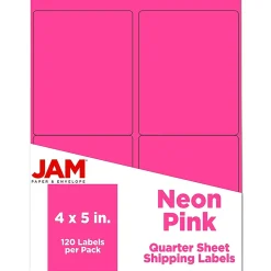 JAM Paper Laser/Inkjet Shipping Labels, 4" x 5", Neon Pink, 4 Labels/Sheet, 30 Sheets/Pack (354329165)