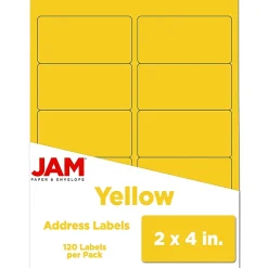 JAM Paper Laser/Inkjet Shipping Address Labels, 2" x 4", Yellow, 10 Labels/Sheet, 12 Sheets/Pack (302724410)