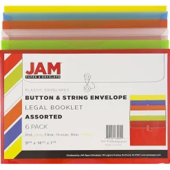 JAM PAPER Plastic Filing Envelopes with Button & String Tie Closure, Legal Size, Assorted Colors, 6/Pack (219B1RLIGBYORCL)