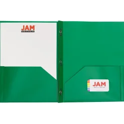 JAM Paper 2-Pocket Plastic Folders with 3 Fasteners, Green, 6/Pack (382ECGRD)