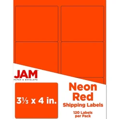 JAM Paper Shipping Labels, 3 1/3" x 4", Neon Red, 6 Labels/Sheet, 20 Sheets/Pack (354328040)