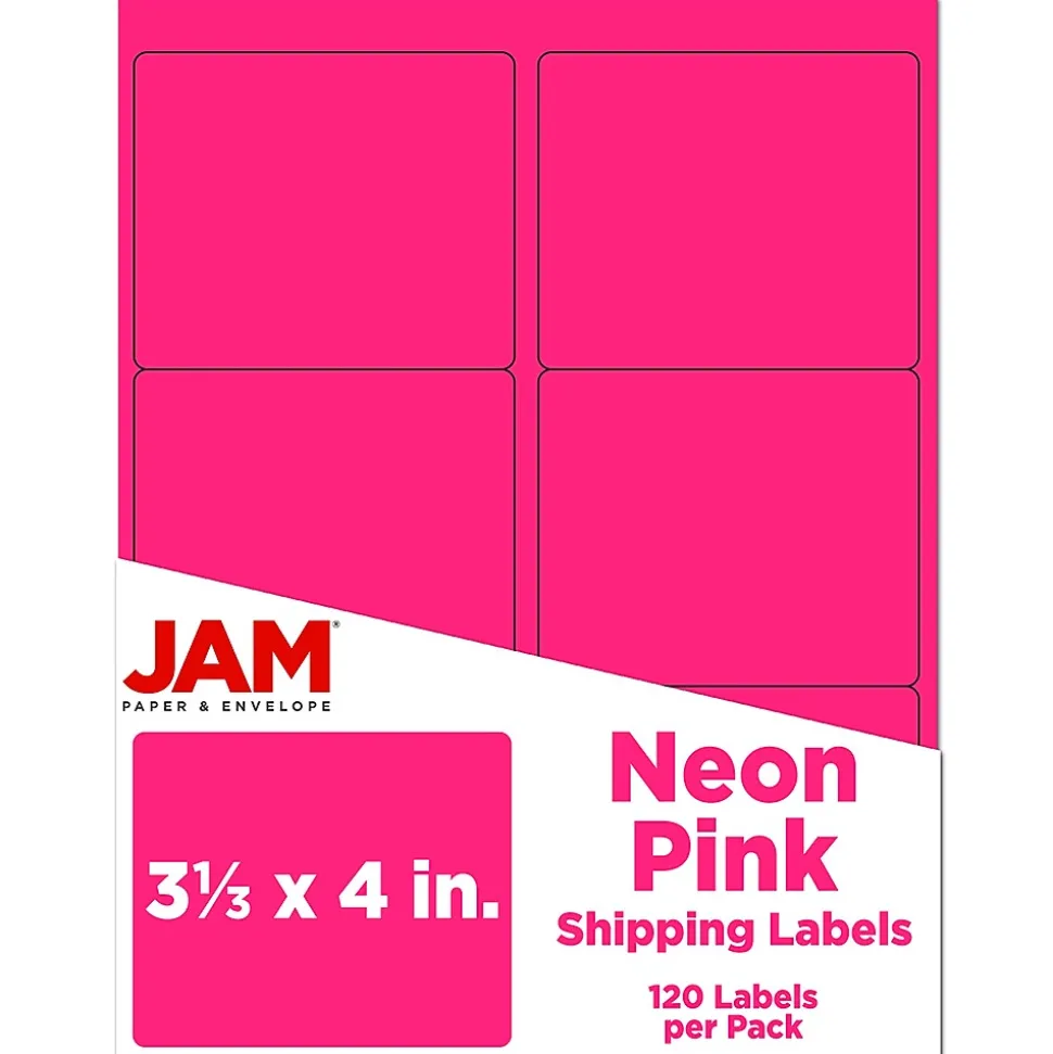 JAM Paper Shipping Labels, 3 1/3" x 4", Neon Pink, 6 Labels/Sheet, 20 Sheets/Pack (354328046)