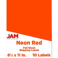 JAM Paper Shipping Labels, Full Page, 8 1/2 x 11 Sticker Paper, Neon Red, 1 Label/Sheet, 10 Labels/Pack (337628604)