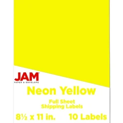 JAM Paper Shipping Labels, 8 1/2" x 11", Neon Yellow, 1 Label/Sheet, 10 Labels/Pack (337628611)