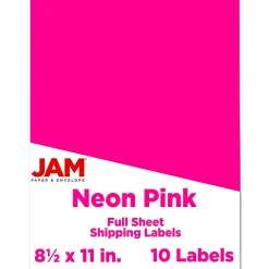JAM Paper Shipping Labels, 8 1/2" x 11", Neon Pink, 1 Label/Sheet, 10 Labels/Pack (337628614)