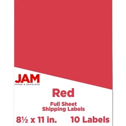 JAM Paper Shipping Labels, 8 1/2" x 11", Red, 1 Label/Sheet, 10 Labels/Pack (337628603)