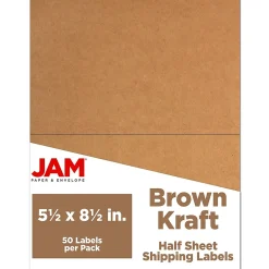 JAM Paper Shipping Labels, Half Page, 5 1/2" x 8 1/2", Brown Kraft, 2 Labels/Sheet, 25 Sheets/Pack (359430338)
