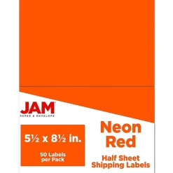 JAM Paper Shipping Labels, Half Page, 5 1/2" x 8 1/2", Neon Red, 2 Labels/Sheet, 25 Sheets/Pack (359429625)