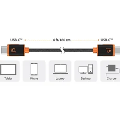 j5create 6' USB C to USB C Power Cable, Male to Male, Black (JUCX24)