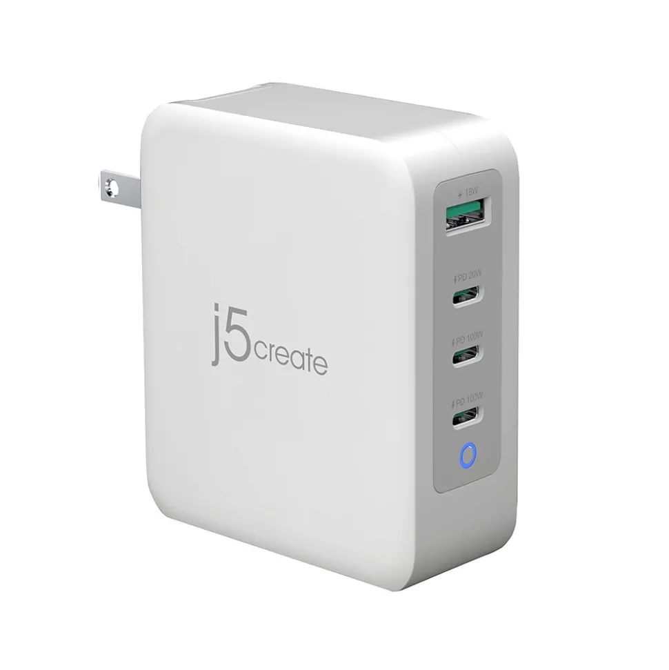 j5create 130W GaN USB-C 4-Port Charger for Laptops, Tablets, and Mobile Devices, White (JUP43130)