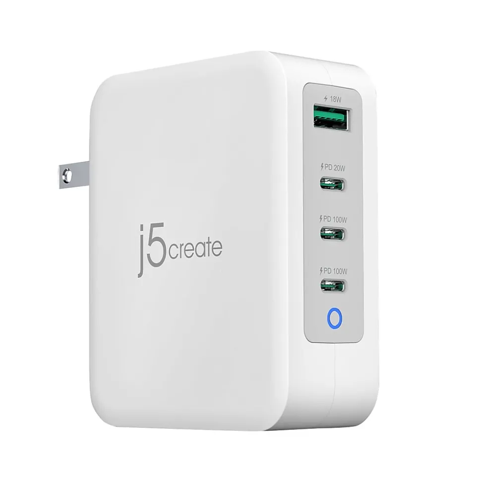 j5create 130W GaN USB-C 4-Port Charger for Laptops, Tablets, and Mobile Devices, White (JUP43130)