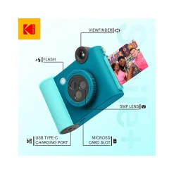 Kodak Smile+ 5 Megapixels Digital Instant Print Camera, Teal/Blue (RODSMPCAMBL)