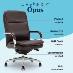 La-Z-Boy Opus Ergonomic Bonded Leather Swivel Executive Chair, Dark Brown and Chrome (CCHR10015E)