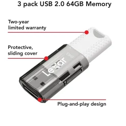 Lexar JumpDrive S60 64GB USB 2.0 Type A Flash Drive, Grey/White, 3/Pack (LJDS60-64GB3NNU)