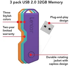 Lexar Twist Turn2 32GB USB 2.0 Type-A Flash Drive, Teal/Purple/Orange, 3/Pack (LJDTT2-32GABNA3)